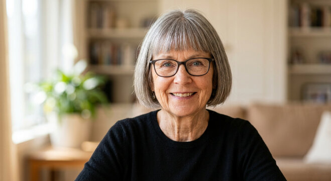 Portrait of a Smiling Senior Woman with Glasses at Home
