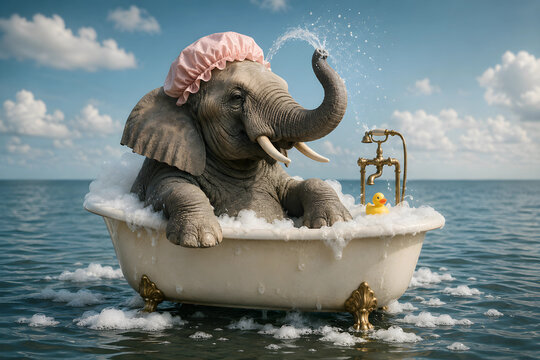 Surreal Elephant Taking a Bubble Bath in the Ocean with a Rubber Duck