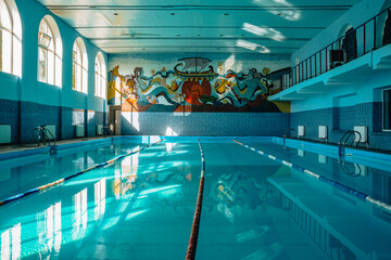 Soviet-era mosaic overlooking an indoor swimming pool in Chiatura, Georgia, reflected in turquoise water. © Pernelle Voyage