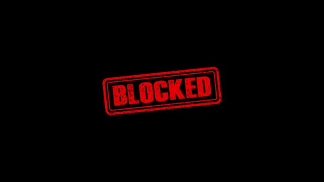 Blocked rubber stamp animation. Blocked Stamp textured bold text motion. Up to down stamp zooming and hit effect 4k video.