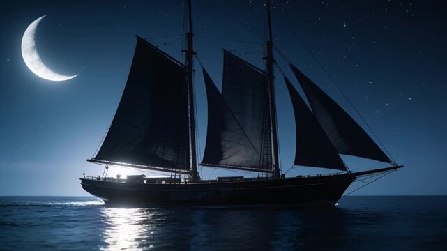 Gliding on light breeze, three-mast schooner moving across calm night sea under crescent moon