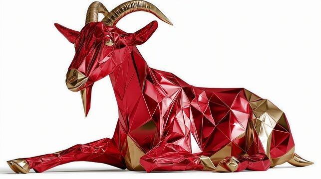 Sculpture of a goat made from red and gold polygons