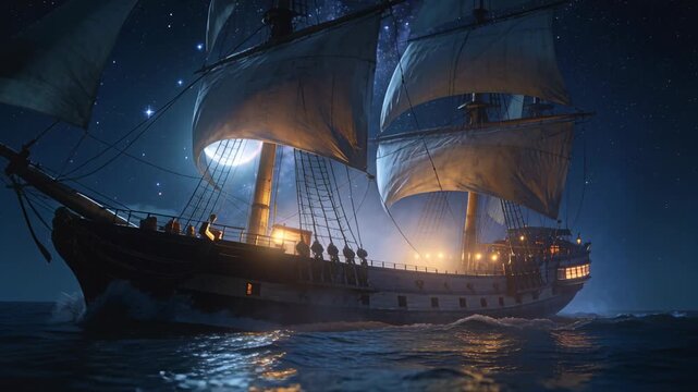 Wind filling sails pushing ship cutting moonlit sea, crew in long coats hauling ropes and lanterns
