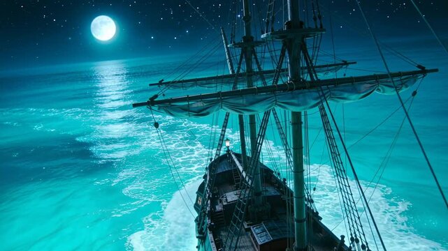 Gliding wooden sailing ship heading toward horizon over moonlit turquoise sea, leaving foamy wake