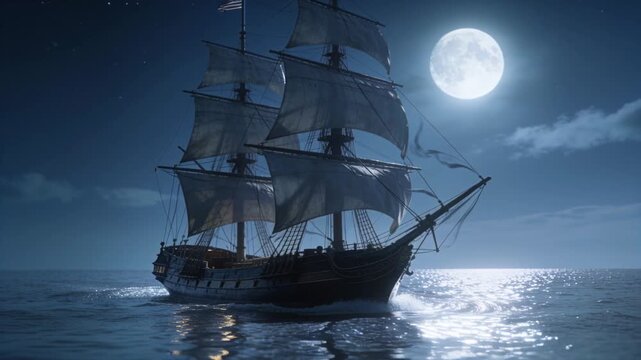 Sailing three-masted square-rigged ship advancing at sea under full moon, sails filling with breeze