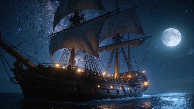 Sailing three-mast vessel across moonlit sea as breeze rising crew trimming rigging in period coats