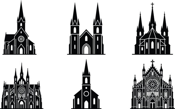Gothic cathedral structures and historic Christian church building silhouettes set with spires towers and rose windows vector icons