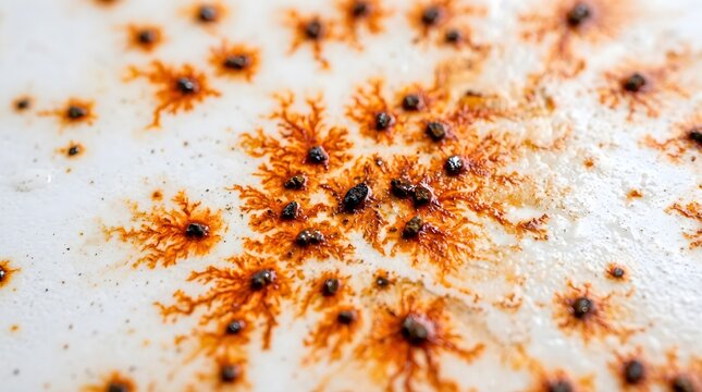 Rusty metal surface with orange oxidation patterns, weathered white paint texture, industrial corrosion macro background