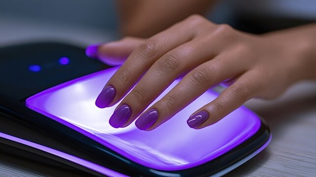 Woman's hand with vibrant purple gel nails resting under an ultraviolet nail lamp, curing polish during a professional manicure treatment at a beauty salon, highlighting modern nail care