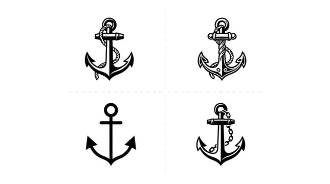 Black and White Anchor Vector Icons Set Isolated on White Background