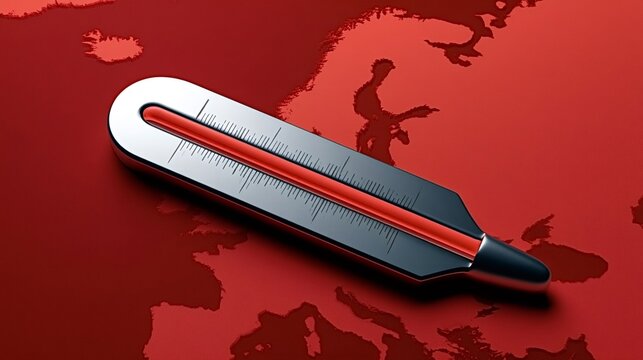Thermometer indicating a heatwave and warming trend across the red hued map of europe, symbolizing global warming and climate change impacts on the continent