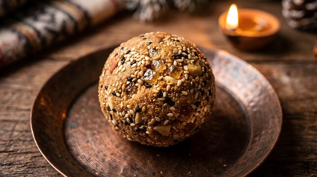 Traditional sesame laddu on copper plate, Indian sweet til laddoo for Diwali festival, healthy energy ball with seeds and nuts