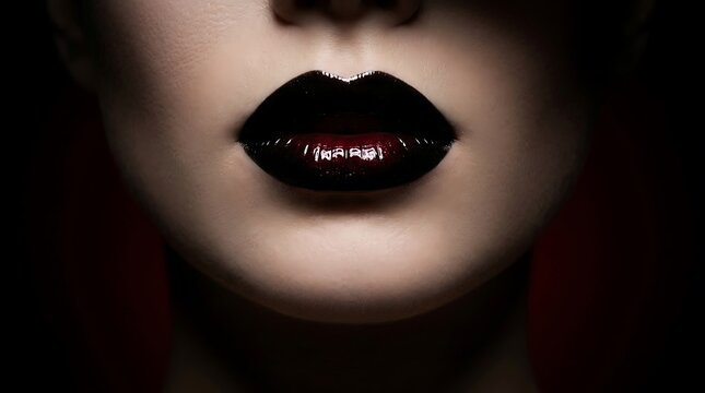 Dramatic close up of a woman's mouth with dark lipstick and a mysterious expression