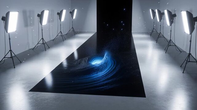 Swirling blue vortex intensifying, ejecting particles across runway from backdrop for production