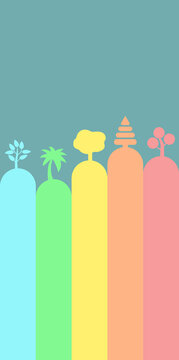 Abstract colorful trees on pastel hills against a teal background