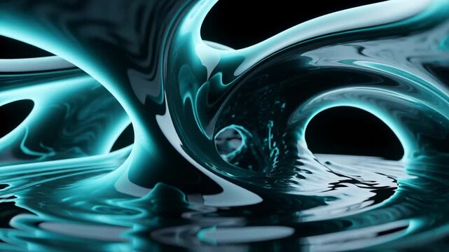 Rising from right glossy teal fluid form twisting into ring, forming vortex in black void