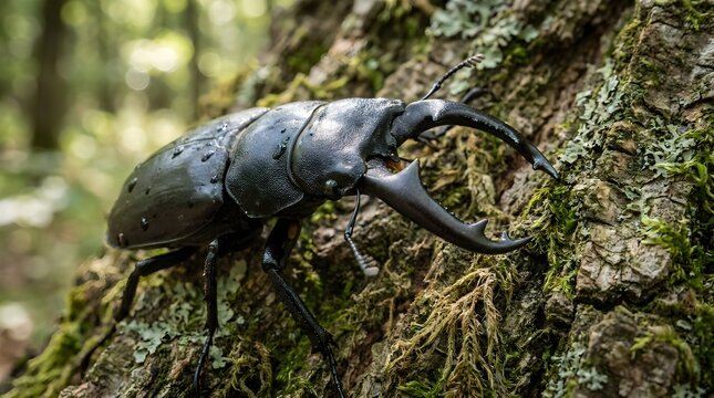 Majestic Black Stag Beetle Crawling Tree Bark Forest Environment