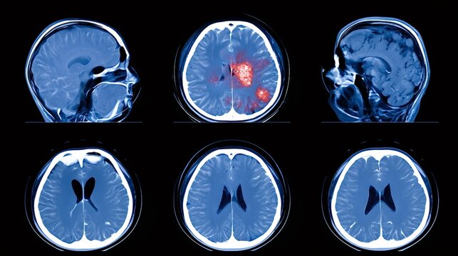 Magnetic resonance images of a human brain showing multiple red highlighted lesions across axial and sagittal views, indicating pathological areas for diagnostic evaluation