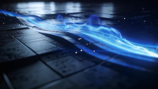 Flowing blue energy ribbon starting faint, expanding across metal grid with gold nodes as data