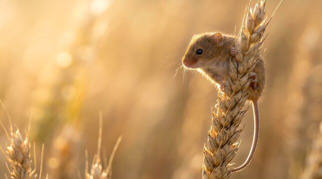 Tiny harvest mouse climbing on golden wheat stalk during sunset outdoor nature view
