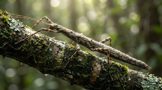 Remarkable Stick Insect Perfectly Camouflaged on Mossy Tree Branch