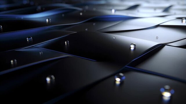 Pushing camera revealing glossy tile array in product showcase, showing droplets and ribbon waves