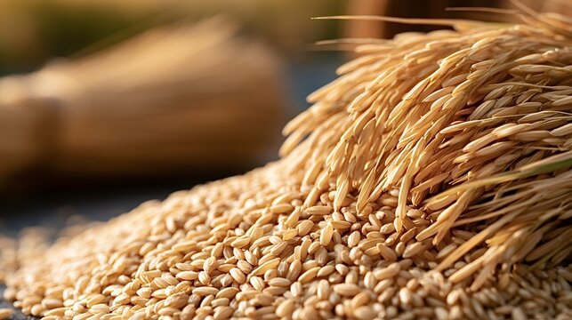 Golden rice grains spilling from a bundle of ears, showcasing a recent harvest and representing concepts of agriculture, food security, and natural abundance