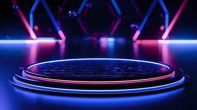 Empty futuristic stage podium glowing with vibrant neon pink and blue lights, creating a modern sci fi background for product display, virtual presentations, and digital content