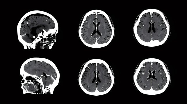 Human brain computed tomography - ct - scan displaying multiple sagittal and axial views, providing detailed anatomical information for medical diagnosis and neurological assessment