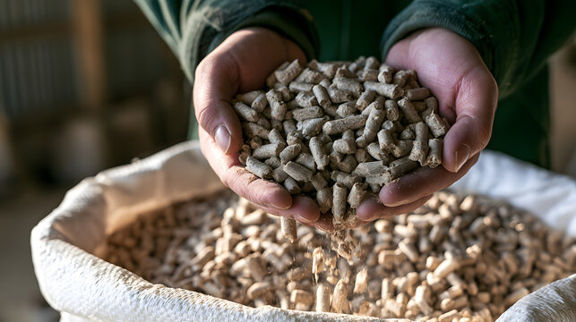 Farmer Holding Livestock Feed Pellets above Open Sack