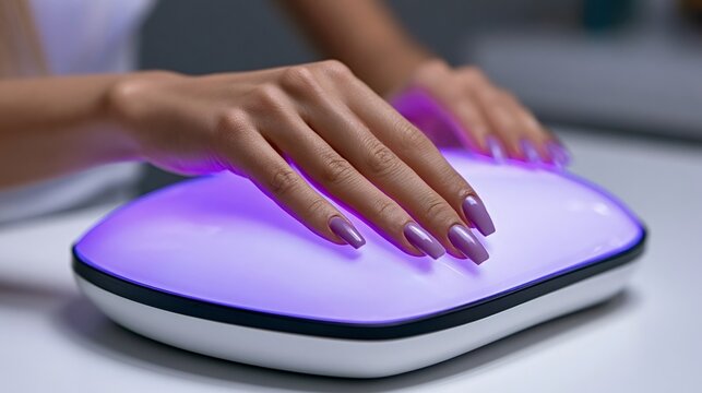 Woman's hands receiving a professional manicure, curing freshly applied purple gel polish under a glowing uv light, symbolizing beauty, self care, and professional nail treatment