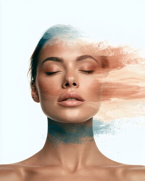 Conceptual beauty portrait of a woman with artistic paint dispersion effect