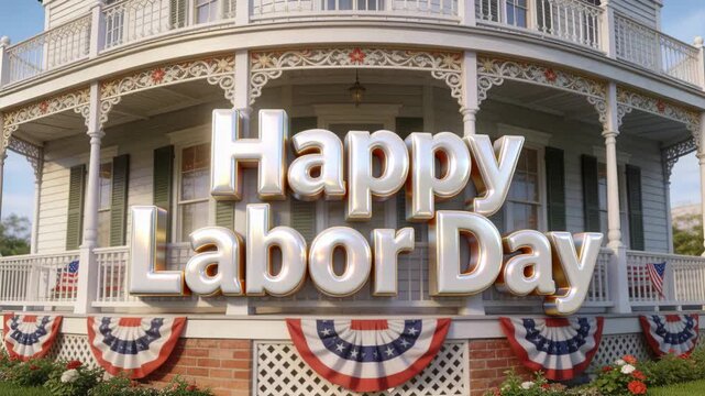 Sweeping light crossing 3D metallic Happy Labor Day text on Victorian porch, causing gold sparkles