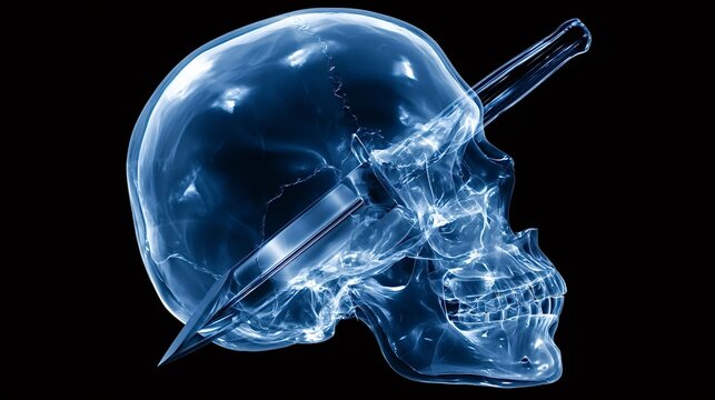 X ray translucent skull glowing blue with light, depicting a sharp metal dagger piercing through the temporal bone, representing concepts of pain, injury, vulnerability, and mortality