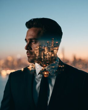 Double exposure portrait of a businessman with city skyline at sunset