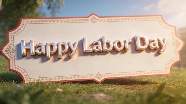 Sweeping sunlight bathing ornate sign with red trim at park, highlighting Happy Labor Day letters