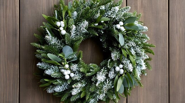 Christmas wreath featuring evergreen branches, frosted pine needles, and mistletoe with white berries hanging on a brown wooden door, creating a festive holiday decoration