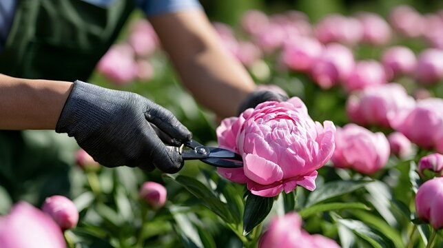 Gardener's gloved hands using shears to cut a vibrant pink peony on a sunny flower farm, close up of harvesting healthy blooms in a springsummer garden field