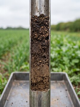 Soil core sample in metal probe, agricultural earth layers for analysis, fertile ground profile in farm field