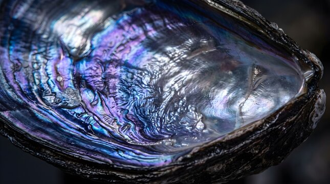 Iridescent abalone shell macro, shimmering mother of pearl texture, colorful paua shell interior with purple and blue hues
