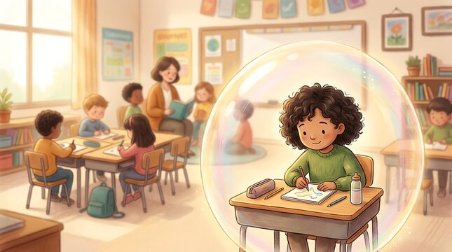 A young student sits inside a protective bubble while focused on writing lessons in a busy classroom environment as a teacher helps other children learn during an interactive school day activity