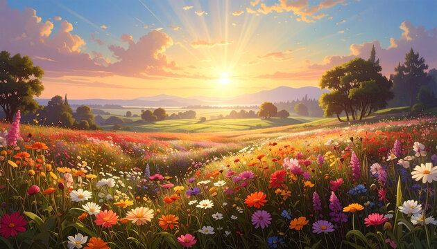 Vibrant meadow landscape sunset