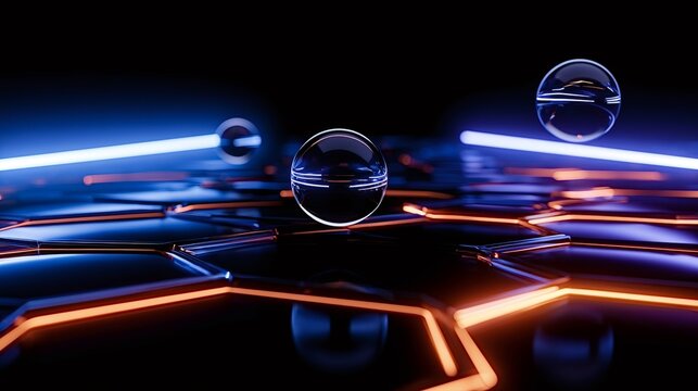 Glass spheres reflect blue and orange neon above a dark, glowing hexagon grid, creating a vibrant 3d technology background suggesting data networks, ai and digital connectivity
