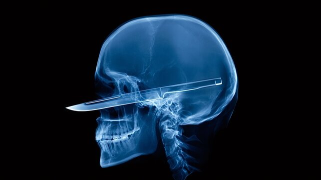 Human skull x ray revealing a sharp knife penetrating the head, illustrating concepts of violence, trauma, danger, pain, mental health issues, and psychological distress