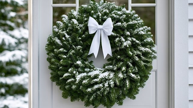 Snowy evergreen christmas wreath with a simple white bow hanging on a white front door, welcoming winter holidays with classic seasonal charm and cozy outdoor decor