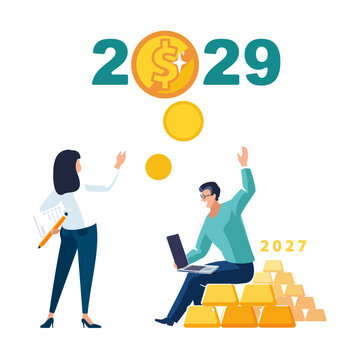 Financial expert businessman and business lady, analyze financial market growth in cents and gold bars for new year 2027, people, happy holiday. Calendar, economy, capital, design, Vector illustration