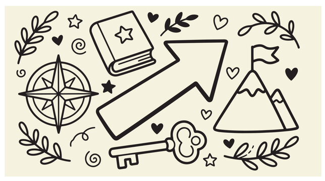 Black and white hand-drawn doodle collection featuring directional arrow vintage compass key book mountain peak mountain illustration adventure navigation direction