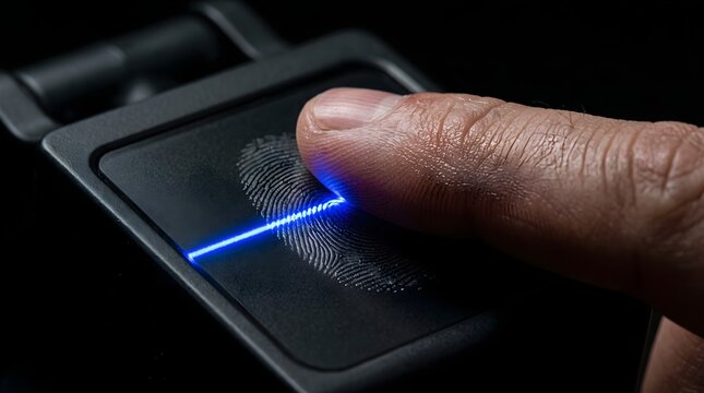 Biometric fingerprint scanner with blue laser light, digital identity verification sensor, secure touch recognition technology