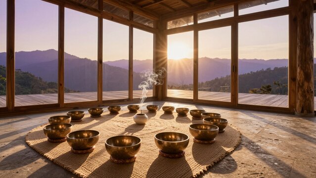 Golden singing bowls set on woven mat inside wooden cabin overlooking mountain range at golden hour with incense smoke rising.