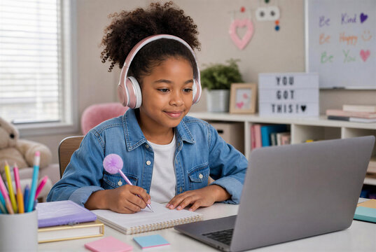 Happy Schoolgirl Wearing Headphones Using Laptop for Online Distance Education